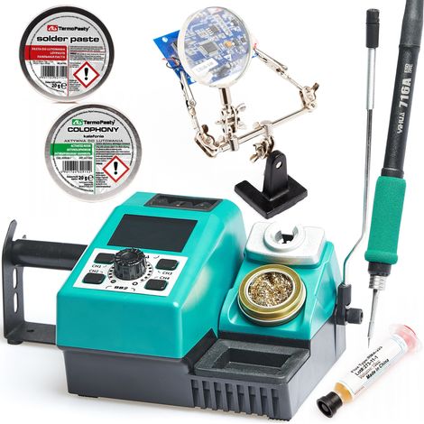 Stazione di saldatura di precisione Yihua 982 per punte T210 con riscaldatore integrato + colofonia 20 g + pasta saldante 20 g + flussante in gel RMA-223 10 cc + terza mano con lente d'ingrandimento -
