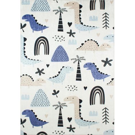 Tapis enfant tissé 160x230 bleu et crème rectangle motif animaux