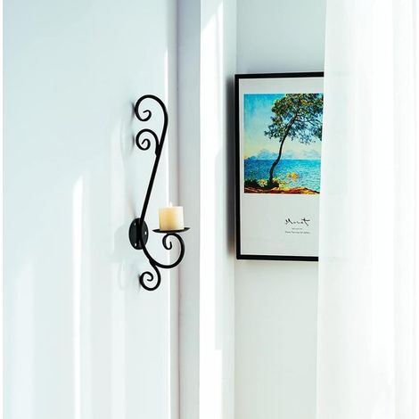 Appliques murales en métal noir (lot de 2) pour bougies piliers et bougies chauffe-plat. Décorations murales au style moderne. (1/3)