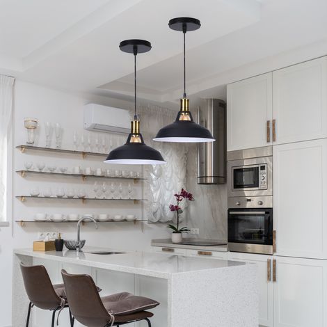 2 Pezzi Lampada a Sospensione Retrò Luce Pendente Illuminazione a Soffitto Vintage in Metallo Interna per Ristorante Cucina Sala da Pranzo Caffetteria Loft - Nero + Bianco