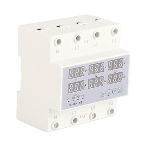 Amperímetro trifásico de riel DIN, voltímetro CA de 390 a 500 V, dispositivo de protección de corriente de respuesta rápida, protector automático contra sobretensiones y sobrecorrientes (63 A) (1/5)