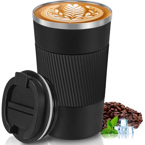 Tasse Thermos Café Noir, Tasse de Voyage en Acier Inoxydable 304 Tasse de Voiture avec Couvercle, Gobelet Isotherme à Café pour Chaud et Froid, Lait et Thé (510ML)