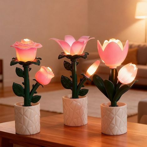 Lampe de table florale en 3 parties, veilleuse LED florale avec vase, lampe de chevet décorative, lampe d'ambiance pour bureau (1/5)