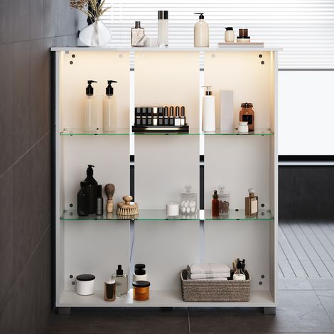ELEGANT Bathroom Storage Units with Induction LED 3 Shelves Glass Storage Compartments Bathroom Partition Cabinet, White 1000×260×1160mm