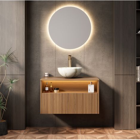 Waschtischunterschrank hängend 80 cm, minimalistisch, Braun-Eiche, Keramikbecken Steinweiß, 1 Schublade und offenes LED-Fach