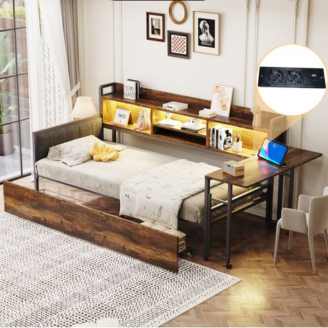 Sofá cama 90x200 cm amplio almacenamiento con iluminación LED y escritorio extraíble metal madera color natural (Sin colchón) (1/5)