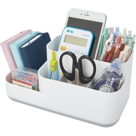 Organiseur de bureau, boîte de rangement pour stylos, crayons et cartes, pour bureau, fournitures de bureau, coiffeuse (blanc) (1/5)