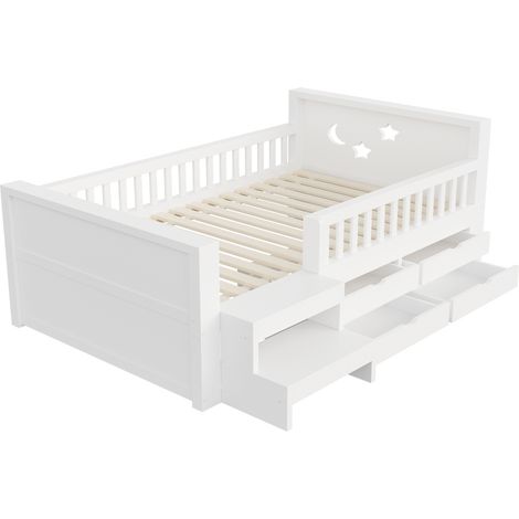 Kinderbett 90 x 200 cm Weiß mit Stern- und Mondkopfteil, Schubladen, Stufen und LED (1/5)
