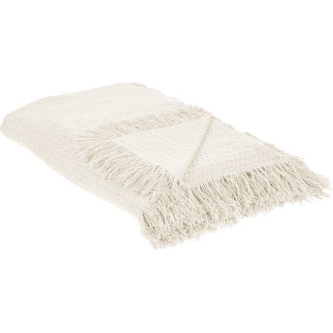 Colcha decorativa para cama con borlas fabricada en algodón en color blanco crema 200 x 220 cm Yerbent