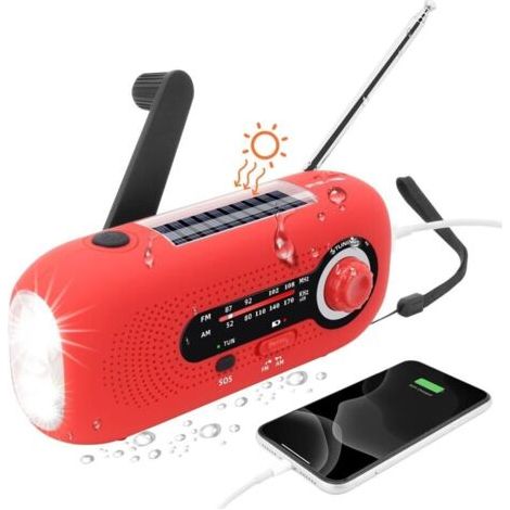 (Rouge)Radio Solaire Portable,Radio Dynamo,Solaire Radio avec Alarme SOS pour Les urgences,Petite Radio,étanche IPX3 Radio,Radio à manivelle AM/FM,Lampe Poche,2000mAh Batterie (1/4)