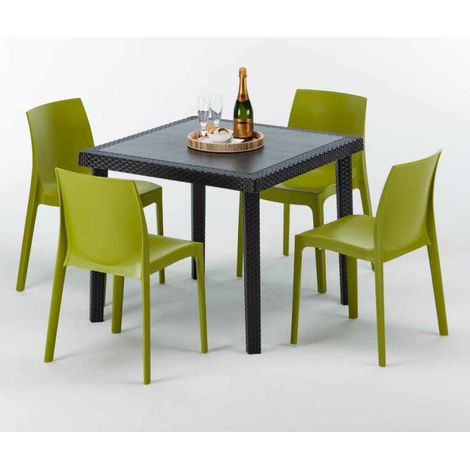 Tavolino Quadrato Nero 90x90 cm con 4 Sedie Colorate Rome Passion - Verde Anice