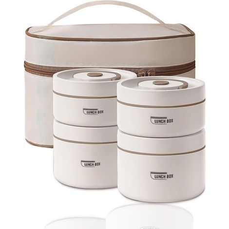 Lot de 4 boîtes à déjeuner thermiques en acier inoxydable avec sac, récipient isotherme pour nourriture, anti-fuite pour la maison, le bureau, les pique-niques (beige-2 x 440 ml et 2 x 600 ml (1/5)