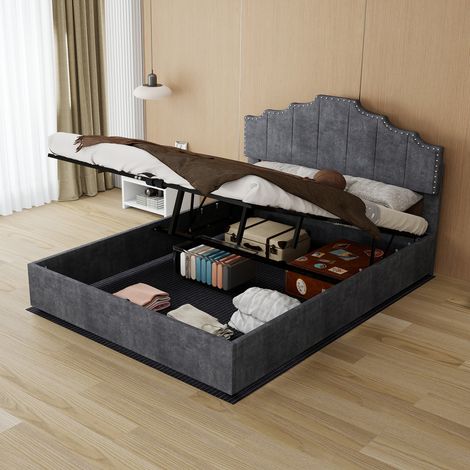 Letto morbido moderno e minimalista, testata confortevole e morbida, 140200CM, grigio, mobili da camera multifunzionali, corpo del letto alto con asta pneumatica, incluso materasso 140200cm. (1/5)