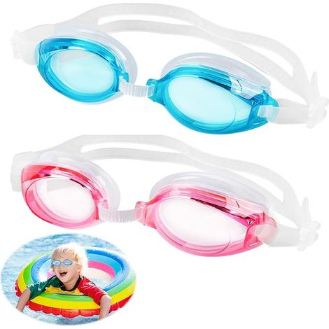Lot de 2 Lunettes de Natation Enfant Bleu et Rose - Double Sangle en Silicone, Lunettes de Natation Étanches Anti-Brume et Protection UV pour Cours de Natation, Piscine et Plage (1/5)