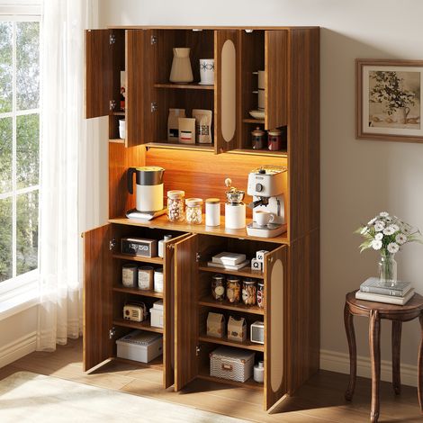 Buffet Haut Cuisine 180 cm de Rangement avec Éclairage LED et 6 Portes en Rotin, Meuble de Bar Style Naturel pour Salle à Manger et Salon (1/5)