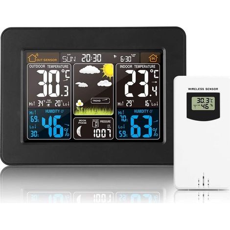 Station météo numérique sans Fil avec capteur extérieur – avec Heure, Date, température, humidité, baromètre, Alarme, Affichage des Phases de Lune, thermomètre Multifonction (Noir) (1/5)