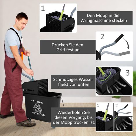 Chariot de nettoyage avec seau 20L, presse intégrée, 2 compartiments, noir, pour sols et vitres (1/5)