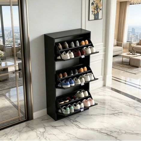 Mueble zapatero negro de MDF, 3 puertas abatibles, 60 x 26 x 124 cm HAVRYA (1/5)
