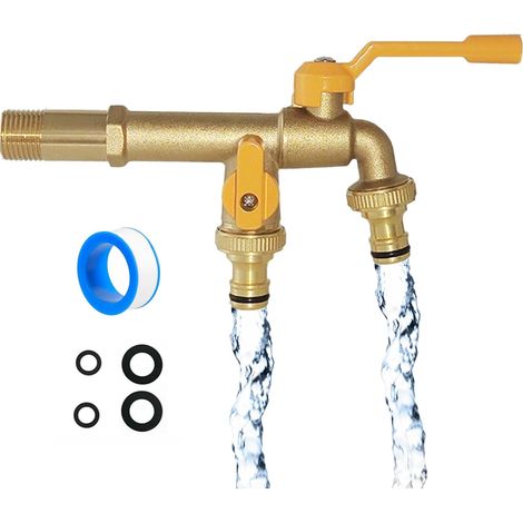 Robinet Exterieur Jardin à Double Sortie avec Entrée 1/2", Laiton  Répartiteur de Tuyau 2 Voies avec 2 Sorties 3/4", Joints et Ruban, Haute Résistance Antigel, pour Arrosage, Jardin, Industrie (1/5)