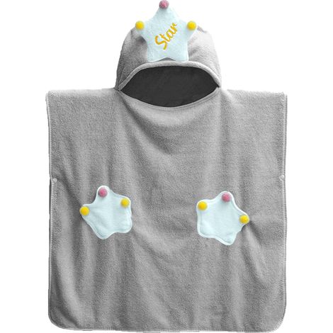 Serviette de bain à capuche avec bonnet, en coton doux bouclé, grise, idéale pour la piscine ou la plage.