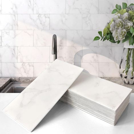 Carrelage mural autocollant pour salle de bain, cuisine, carrelage en marbre et métro, imperméable (23 carreaux, blanc carrare) (1/5)