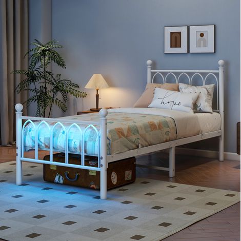 Letto singolo in metallo 90x200 cm con LED, USB e presa, testiera alta, bianco (1/5)