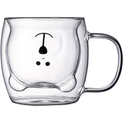 Niedlicher Bären-Teebecher aus doppelwandigem Glas - Kaffee-/Milchbecher 250 ml, originelles Valentinstags-/Geburtstagsgeschenk (weiß mit Henkel)
