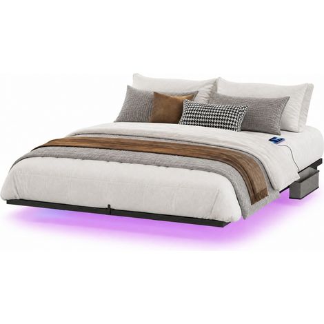 Lit Flottant 2 Places avec LED, USB et Type-C 160 x 200 cm, Acier, sans Matelas, Noir (1/5)