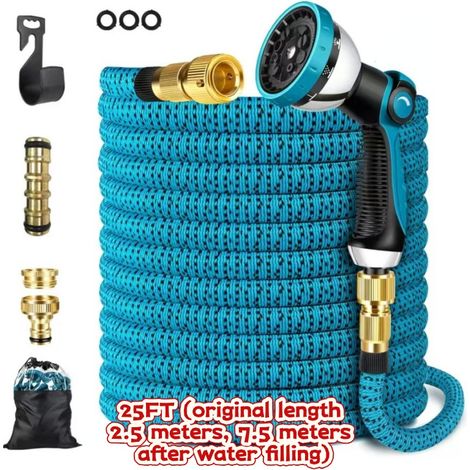 Kit tuyau d’arrosage extensible 7,5 m, longueur initiale 2,5 m, pistolet 10 modes de jet, raccords métalliques pour jardin et lavage voiture (1/4)