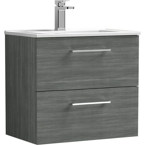 Balterley Contemporary Bathroom 2 Soft Close Drawer & Minimalist Wall Hung Vanity Unit Basin, Anthracite Woodgrain, 600mm (1/4)