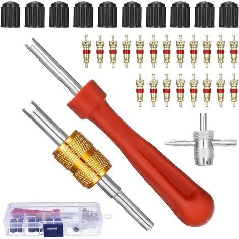 Demonte Obus Valve Kit D'outils Réparation Démonte Obus de Valve Double et à Une Tête + 1 Outil de Valve 4 Voies + 10 Bouchon Valve Pneu Voiture + 20 Noyaux Valve pour Remplacement Velo Moto (1/4)