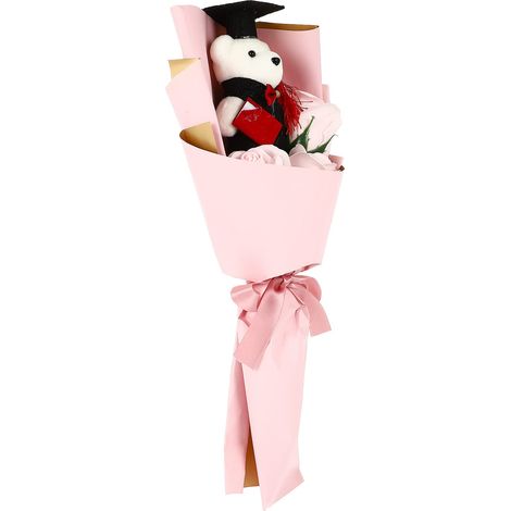 Bouquet de fleurs artificielles pour remise de diplômes, mini bouquet d'ours en peluche, bouquet d'ours en roses, bouquet de poupée, composition florale pour remise de diplômes (rose)-AquaForge (1/5)