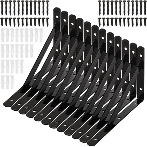 12 Pack Heavy Duty Shelf Brackets   200x120mm Wall Mount Steel L Bracket, Black Metal Powder Coated for Floating Shelves (1/5)