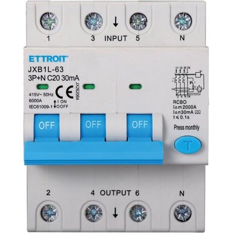 RCBO Interruttore Magnetotermico Differenziale Tipo A Curva C 3P+N 4M 6000A 30mA C20A AC 400V IP20 IEC61009-1