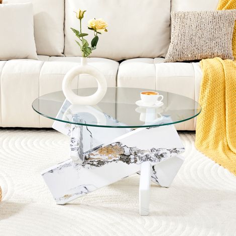 Table basse ronde 79 cm en MDF et verre trempé, effet marbre blanc HAVRYA (1/5)