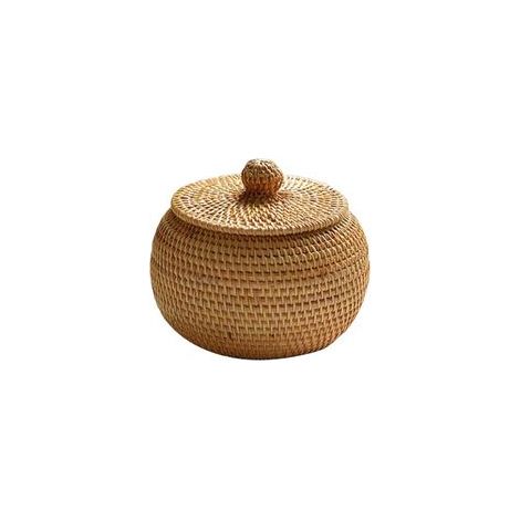 Lntyq – Panier de rangement en rotin naturel avec couvercle rond – Dimensions 15 x 12 cm – Pour chambre, salon, bureau, cuisine (1/5)