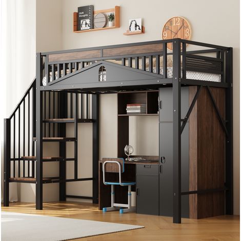Lit mezzanine moderne 90x200 cm en métal et bois noir, avec échelle sécurisée de rangement et barrière fenêtre (1/5)