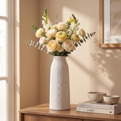 Grand Vase en céramique Blanche – Grand Vase pour décoration d'intérieur, centres de Table, Salon/étagère/cheminée/Table – Texture Blanche (1/5)