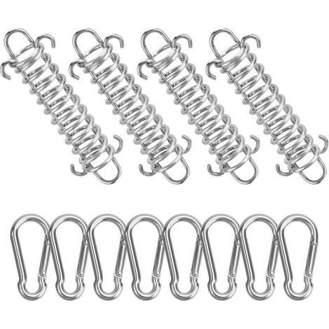 Lot de 4 ressorts de voile d'ombrage et 8 petits mousquetons, ressorts de corde à boucle de maintien de voile d'ombrage pour tente, camping, randonnée, voyage, pique-nique.