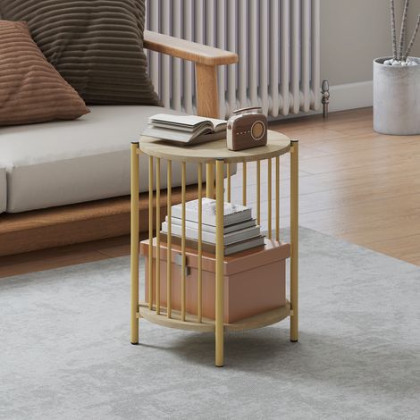 Table d’appoint ronde Ø41x49 cm naturel à 2 niveaux avec étagère de rangement et cadre en acier pour salon chambre