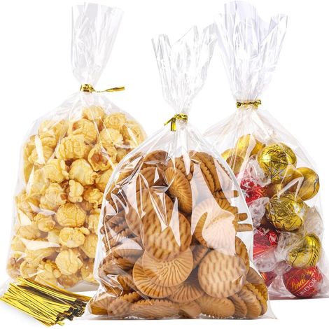 Sachet bonbons transparent 25x15 cm cellophane ruban métallique lot de 200, fêtes, mariages, cadeaux, confiseries personnalisées (1/3)