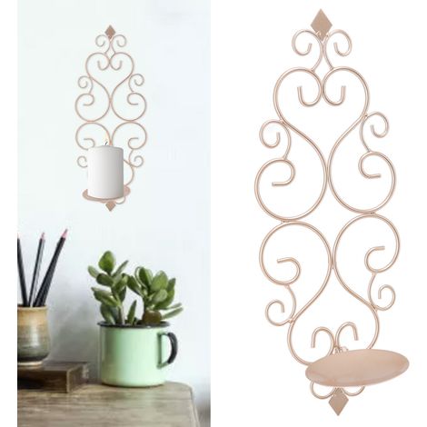Bougeoir - Support mur à candélabre doré champagne, dimensions 37x14.5cm, cadre en fer, décor maison pliable - Cadre en fer avec base murale pliable pour bougie, dimensions 37x14.5cm, couleur dorée ch (1/5)