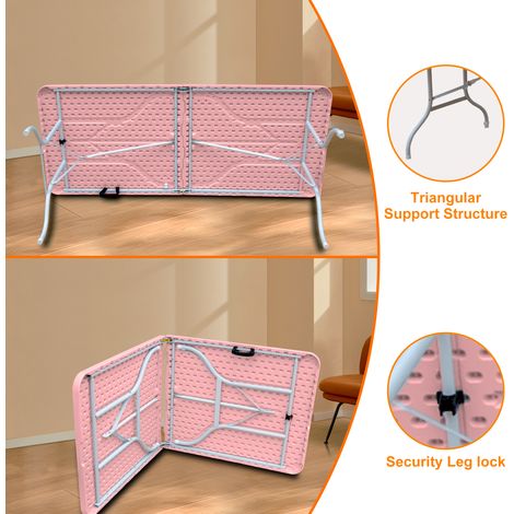 Table pliante portable robuste de 180 cm avec poignée, table pliable multifonctionnelle pour le camping, les pique-niques et les fêtes en intérieur/extérieur, capacité de charge 135 kg (rose) (1/5)