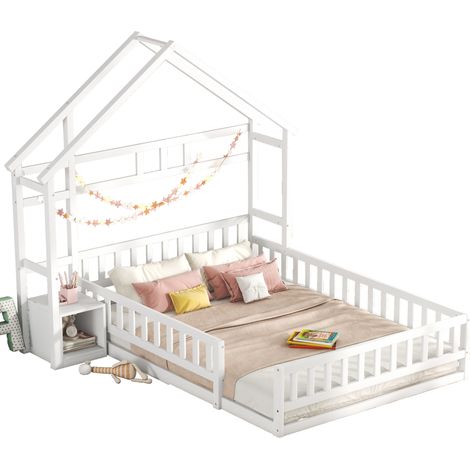 Letto a casetta per bambini 140x200 cm con sponda di sicurezza, comodino e struttura in legno di pino bianco per camera da letto, stile nordico - CHICFURN (1/5)