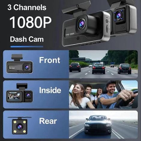 1080P DVR-Dashcam mit Front-, Innen- und Rückfahrkamera, 2-Zoll-IPS-Bildschirm und 170°-Weitwinkel