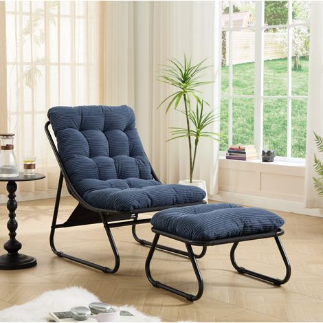 Sillón relax 65x78x86 cm de metal negro y tejido azul, con reposapiés FloraGrace (1/5)
