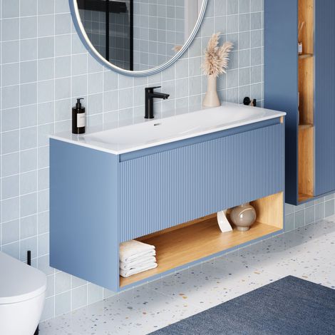 BERNSTEIN - Mobile lavabo sospeso MDF Azzurro opaco, lavabo DURAVIT Bianco lucido + 1 foro rubinetto, troppopieno, piletta - 123x49x62cm - BELDIVO	Blu azzurro opaco, Con foro rubinetto 1x