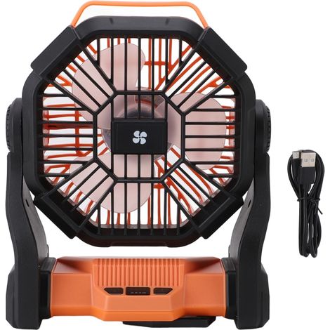 Ventilateur de camping professionnel et efficace, rechargeable par USB, avec lanterne LED intégrée (orange). (1/5)