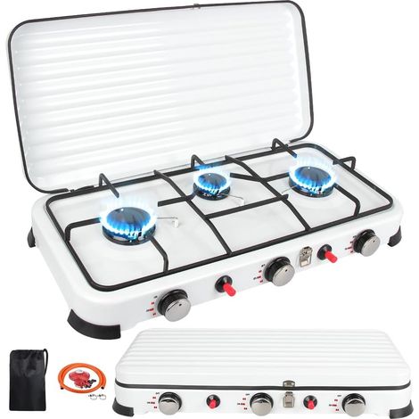 Portable Gas Stove, Camping Stoves 3 Burners 5.4KW, Camping Gas Stove Auto Ignition Piezo, Camping Stoves for Outdoor with 150cm Hoses and 37 mbar Regulator (White) (1/5)