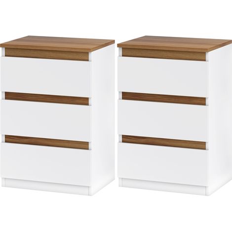 Lot de 2 tables de chevet étroites 3 tiroirs, commodes blanches 40x30x59,5 cm pour salon, entrée ou chambre